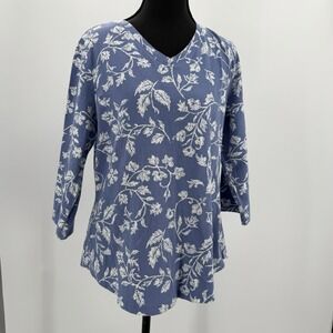 Denim & Co Blue Floral V-Neck 3/4 Sleeve Top  Size Small Cotton Boho Bloomcore